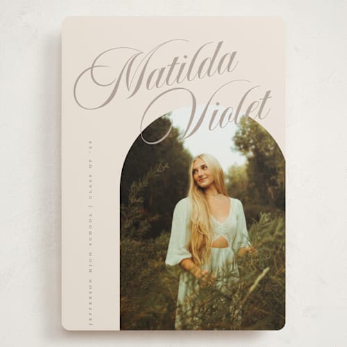 This is a almond graduation announcements with standard by Morgan Kendall called modern curves printing on recycled smooth signature in grand
