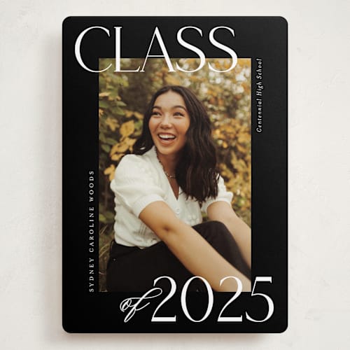 This is a licorice graduation announcements with standard by Jessica Williams called scholarly surround printing on recycled smooth signature in grand