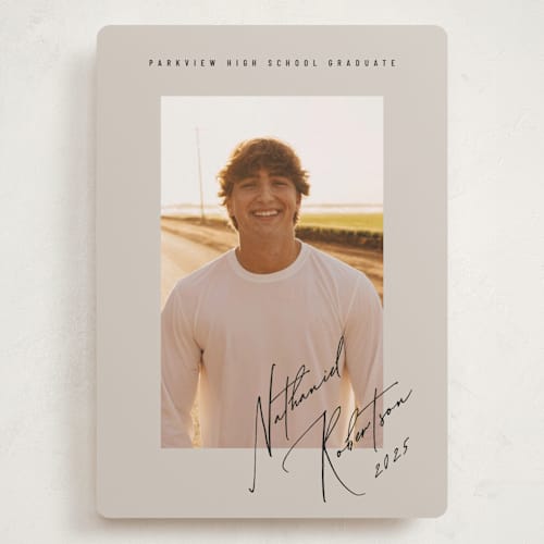 This is a sandstone graduation announcements with standard by Stacy Maalouf called grad signature printing on recycled smooth signature in grand
