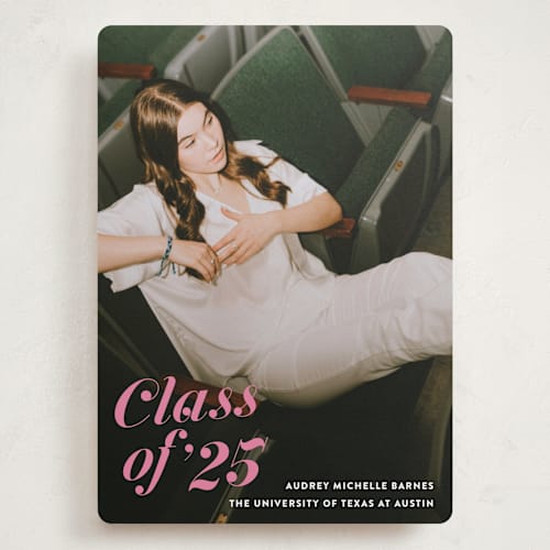 This is a bubblegum graduation announcements with standard by Megan Davis called class dismissed printing on recycled smooth signature in grand