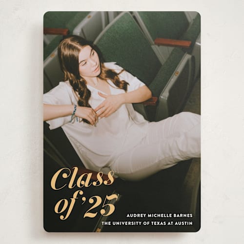This is a melon graduation announcements with standard by Megan Davis called class dismissed printing on recycled smooth signature in grand