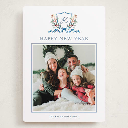 This is a blue spruce holiday photo cards with standard by Cass Loh called family crest printing on recycled smooth signature in grand
