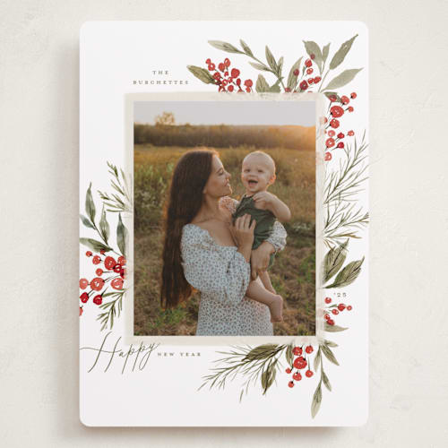 This is a holly berry holiday photo cards with standard by Wildfield Paper Co called holly berries + pine printing on recycled smooth signature in grand