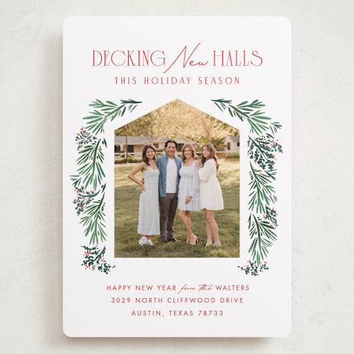 This is a holly berry holiday photo cards with standard by Julie Murray called decking new halls printing on recycled smooth signature in grand