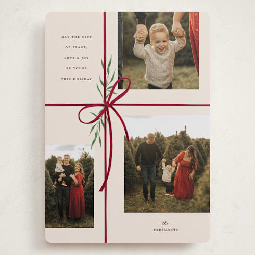 This is a burgundy holiday photo cards with standard by Susan Zinader called holiday gifts printing on recycled smooth signature in grand