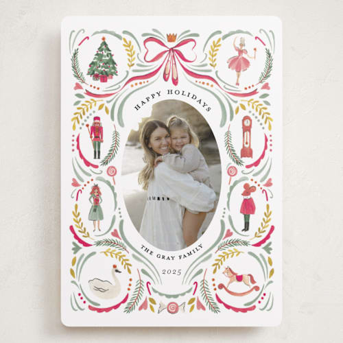 This is a berry holiday photo cards with standard by Sarah Knight called nutcracker dance printing on recycled smooth signature in grand
