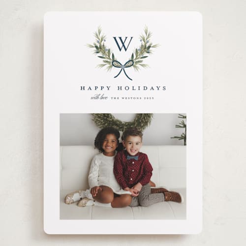 This is a midnight holiday photo cards with standard by Melanie Kosuge called monogram wreath printing on recycled smooth signature in grand