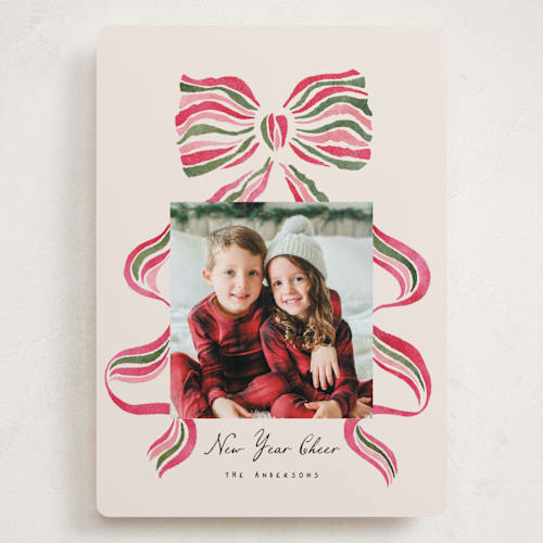 This is a poinsettia holiday photo cards with standard by Vivian Yiwing called stripes bow printing on recycled smooth signature in grand