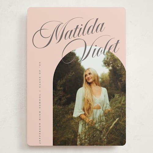 This is a peach graduation announcements with standard by Morgan Kendall called modern curves printing on recycled smooth signature in grand