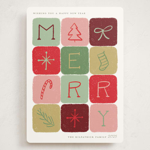 This is a candied apple holiday photo cards with standard by Kat Roberts called merry colorblock printing on signature in grand