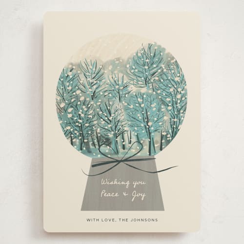 This is a wintergreen holiday photo cards with standard by Ani Somi called winter forest snow globe printing on signature in grand