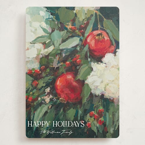 This is a crimson holiday photo cards with standard by Wendy Keller called pomegranate printing on signature in grand