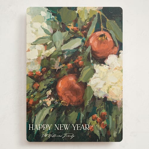 This is a ochre holiday photo cards with standard by Wendy Keller called pomegranate printing on signature in grand