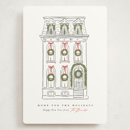 This is a snowfall holiday photo cards with standard by Susan Zinader called home for the holidays printing on signature in grand