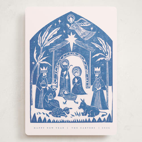 This is a sky holiday photo cards with standard by Teju Reval called linocut nativity printing on signature in grand