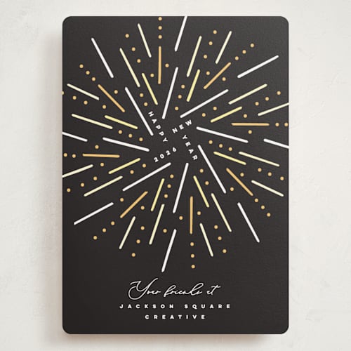This is a midnight holiday photo cards with standard by Owl and Toad called fireworks printing on signature in grand
