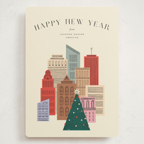This is a sunny holiday photo cards with standard by Pixel and Hank called holiday cityscape printing on signature in grand