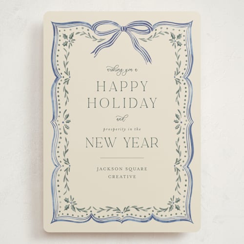 This is a saphire holiday photo cards with standard by Chris Griffith called ribbon stripe holiday printing on signature in grand