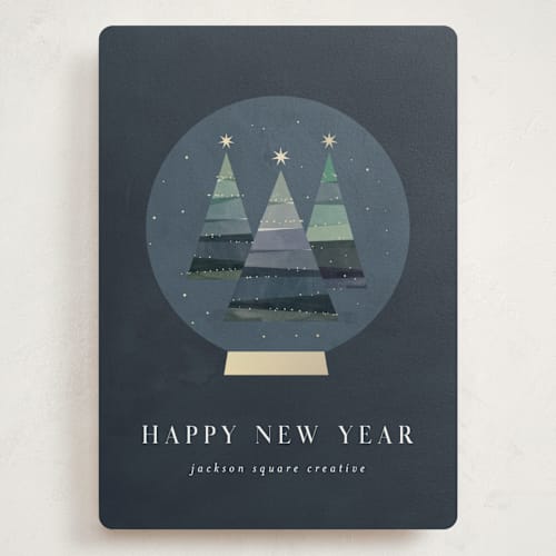 This is a midnight holiday photo cards with standard by Lori Wemple called forest snowglobe printing on signature in grand