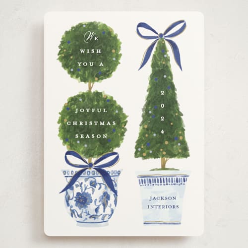 This is a harbor holiday photo cards with standard by Susan Zinader called festive topiaries printing on signature in grand