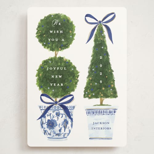 This is a harbor holiday photo cards with standard by Susan Zinader called festive topiaries printing on signature in grand