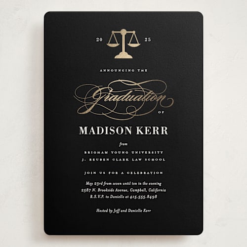 This is a ink graduation invitations with foil pressed by Jill Means called law degree printing on signature in grand