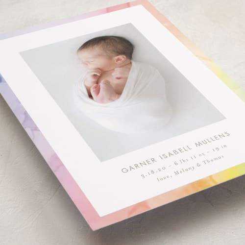 This is a sherbert petite birth announcements with standard by Kaydi Bishop called rainbow surround printing on recycled smooth signature in petite