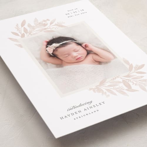 This is a blush petite birth announcements with standard by Hooray Creative called botanical corners printing on recycled smooth signature in petite