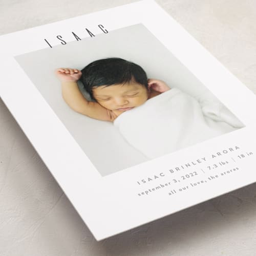This is a slate petite birth announcements with standard by JoAnn Jinks called noble printing on recycled smooth signature in petite