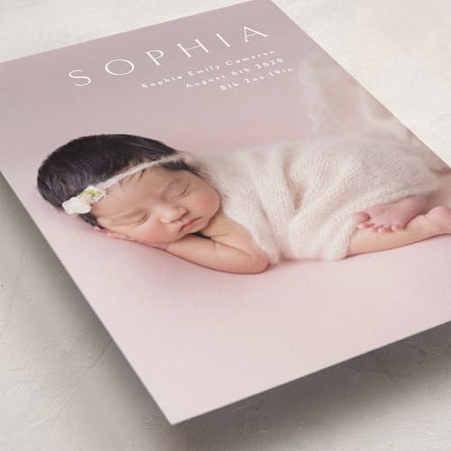 This is a white petite birth announcements with standard by Phrosné Barwood called angel printing on recycled smooth signature in petite