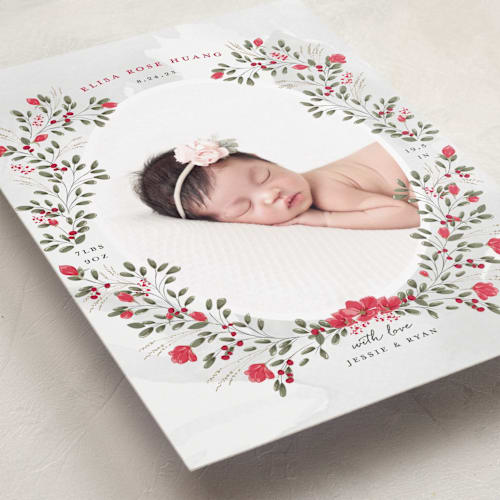 This is a holiday petite birth announcements with standard by Susan Moyal called sweet floral vine printing on recycled smooth signature in petite