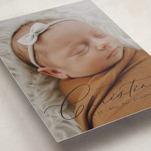 This is a onyx petite birth announcements with standard by Alethea and Ruth called sweeping name printing on recycled smooth signature in petite