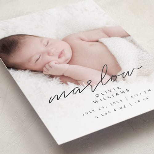 This is a graphite petite birth announcements with standard by Megan Cash called marlow printing on recycled smooth signature in petite