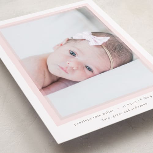 This is a blush petite birth announcements with standard by Lauren Chism called cotton candy printing on recycled smooth signature in petite