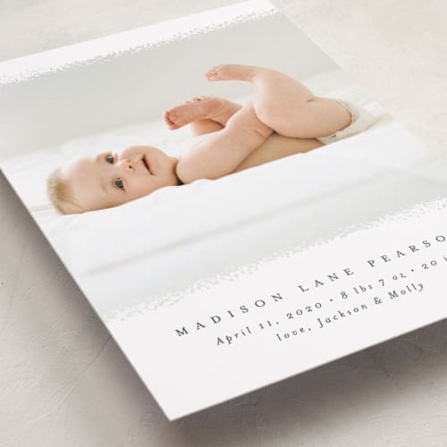 This is a dove petite birth announcements with standard by Amy Payne called deckled edge printing on recycled smooth signature in petite