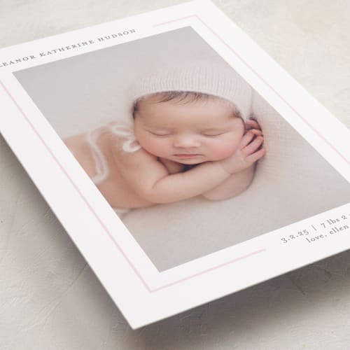 This is a blush petite birth announcements with standard by Lauren Chism called simply serene printing on recycled smooth signature in petite