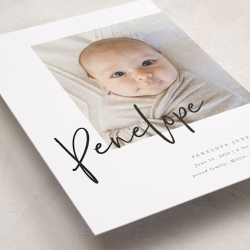 This is a blackboard petite birth announcements with standard by Amy Payne called clean lines printing on recycled smooth signature in petite