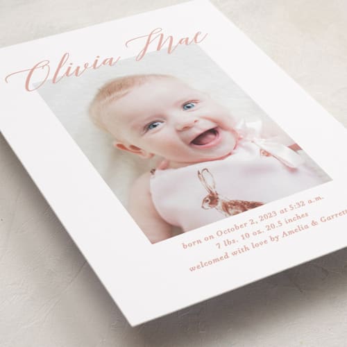 This is a sweet pea petite birth announcements with standard by Jennifer Postorino called sweet script printing on recycled smooth signature in petite
