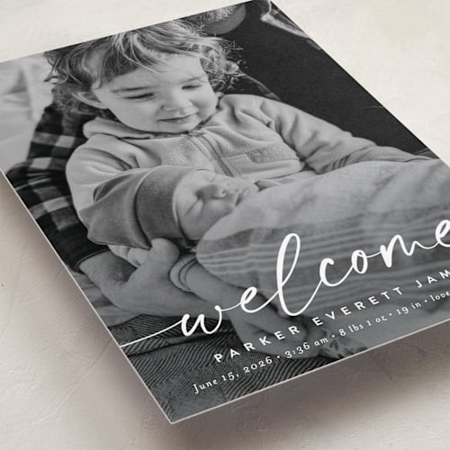 This is a cloud petite birth announcements with standard by Susan Asbill called little welcome printing on recycled smooth signature in petite