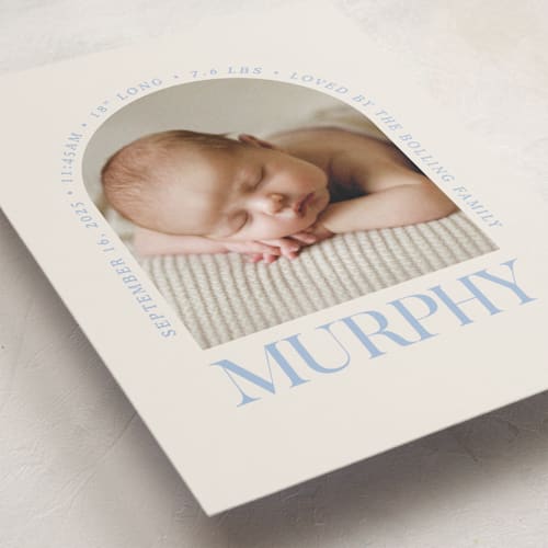 This is a bluebird day petite birth announcements with standard by Baumbirdy called type arch printing on recycled smooth signature in petite