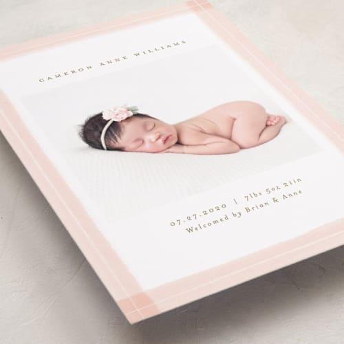 This is a blush petite birth announcements with standard by Michelle Taylor called trimmings printing on recycled smooth signature in petite