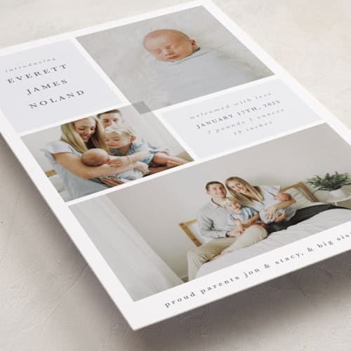 This is a dusty blue petite birth announcements with standard by Julie Murray called love multiplies printing on recycled smooth signature in petite