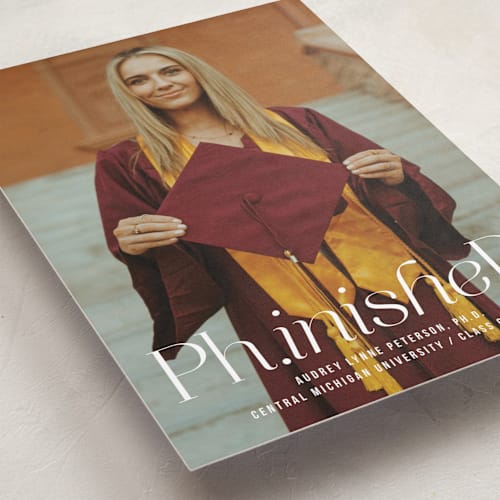 This is a cloud graduation announcements with standard by Heather Schertzer called ph.inished. printing on recycled smooth signature in petite