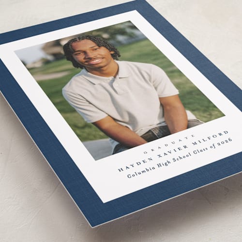 This is a jeans graduation announcements with standard by Lea Delaveris called linen frame printing on recycled smooth signature in petite