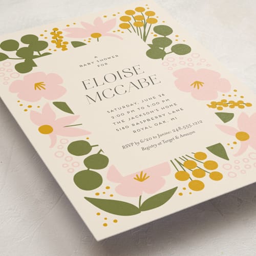 This is a chartreuse baby shower postcards with standard by Genna Blackburn called blossoms abound printing on signature in postcard