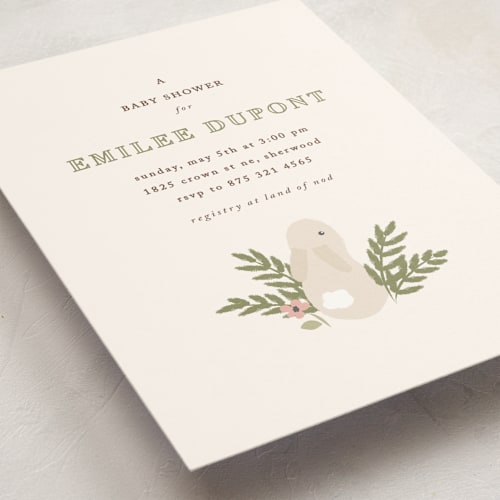 This is a cream baby shower postcards with standard by Angela Garrick called petit lapin printing on signature in postcard