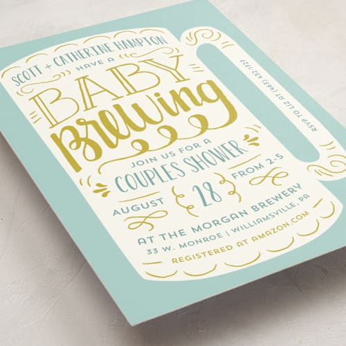 This is a goldenrod baby shower postcards with standard by Laura Hankins called baby brewing printing on signature in postcard