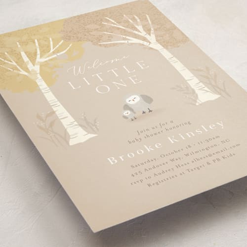 This is a almond baby shower postcards with standard by Jennifer Wick called little owlet printing on signature in postcard