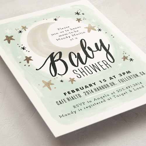 This is a midnight baby shower postcards with standard by Alethea and Ruth called moonlit printing on signature in postcard
