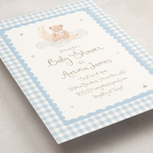 This is a sky baby shower postcards with standard by Teju Reval called dreamy bear printing on signature in postcard